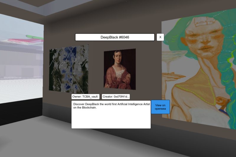 Captura de ecrã de uma obra selecionada no Thoreau Blockchain Art Center (Podes aceder via: https://www.cryptovoxels.com/play?coords=N@280W,72N )