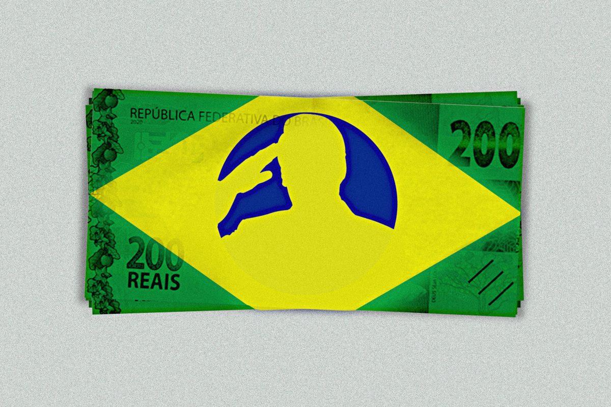 Ilustração de uma nota de 200 reais com as cores da bandeira do Brasil e a silhueta de Bolsonaro a fazer continência ao centro.