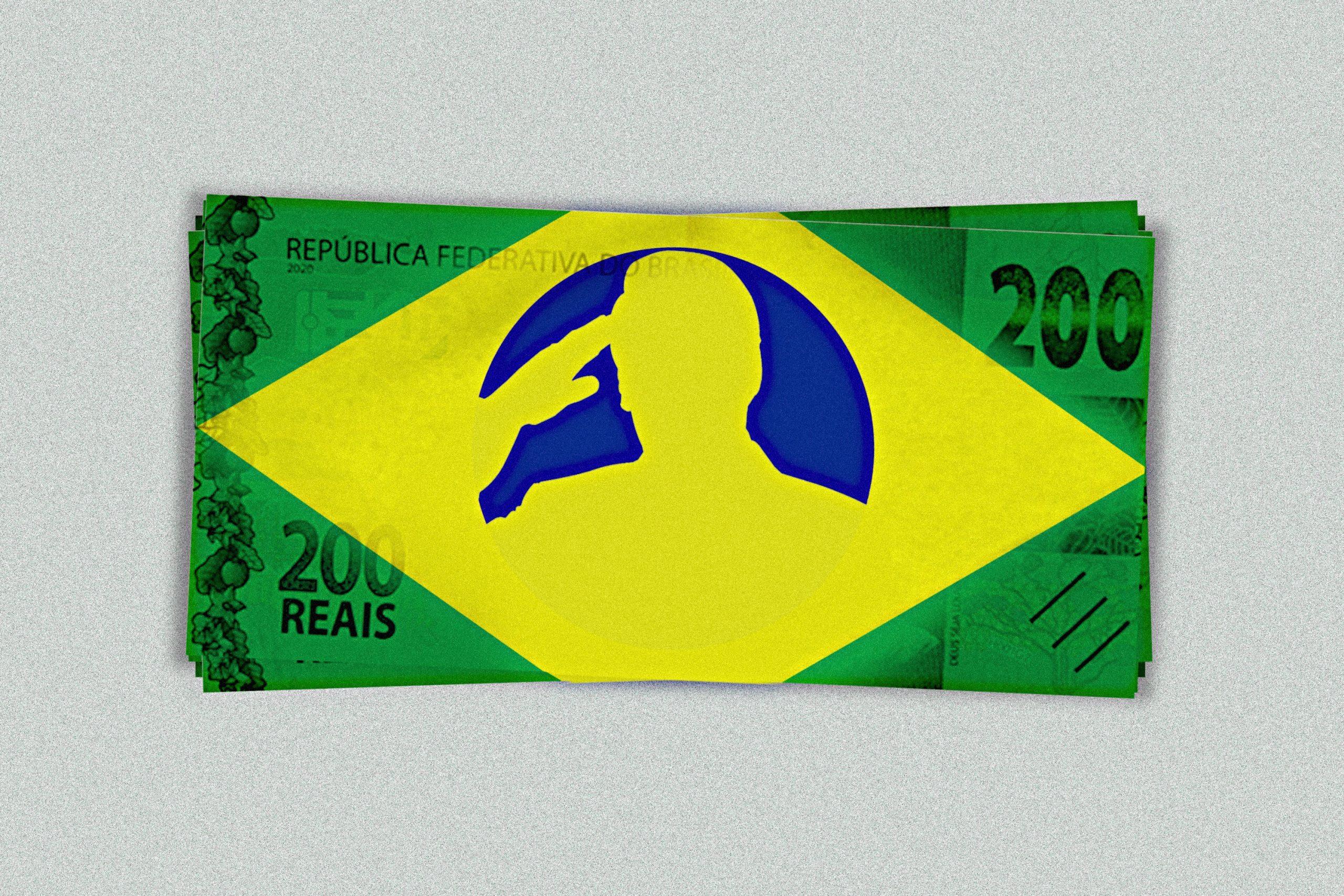Ilustração de uma nota de 200 reais com as cores da bandeira do Brasil e a silhueta de Bolsonaro a fazer continência ao centro.