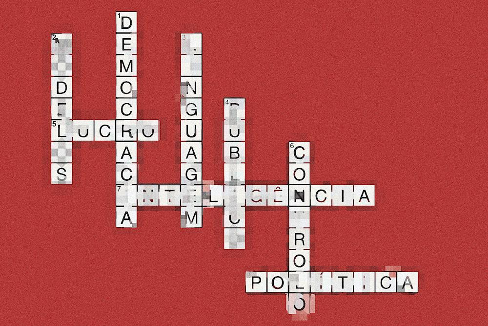 Imagem de fundo vermelho com ilustração de um jogo de palavras cruzadas com as palavras: "Inteligência", "Lucro", "Democracia", "Política", "Controlo"