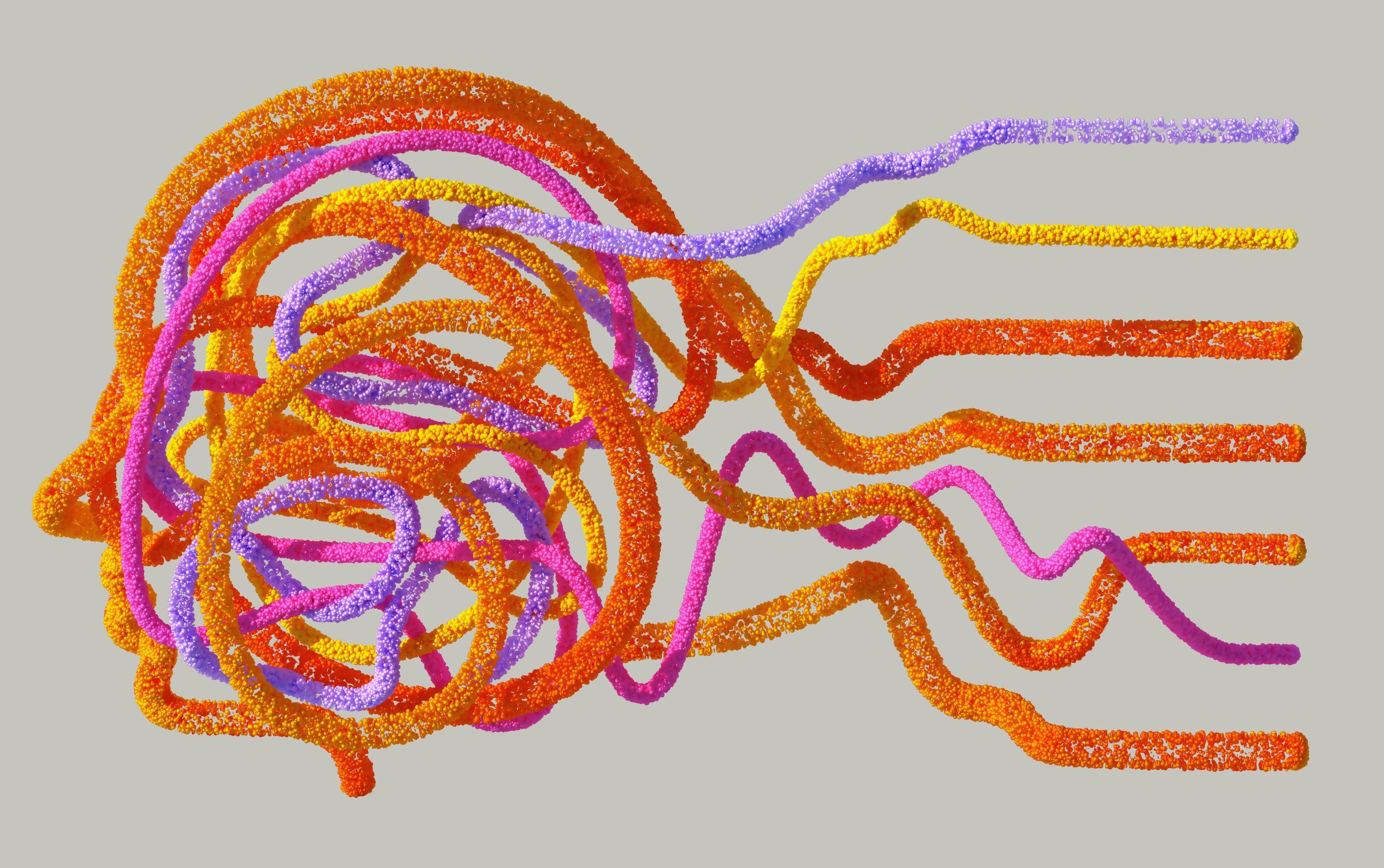 Ilustração de uma cabeça formada por diferentes correntes coloridas constituídas por milhares de pequenas bolhas.
