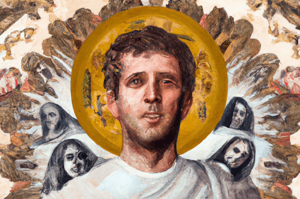Imagem gerada com o software Dall-E 2 e o prompt: "A baroque-style painting portraying Sam Altman as a messiah figure, featuring apocalyptic imagery on one side and dollars on the other."