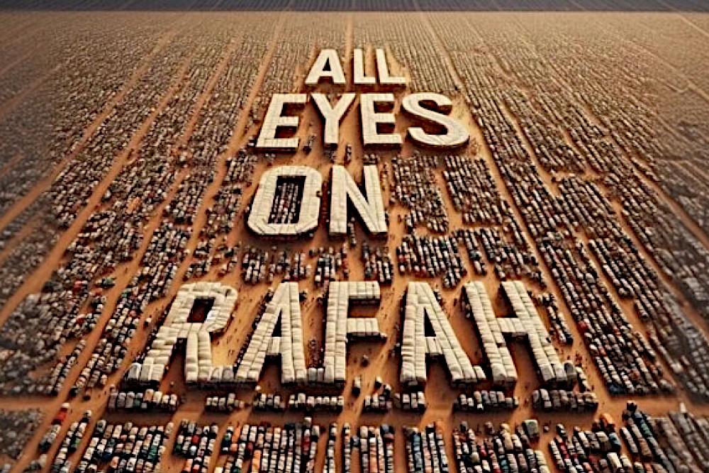 Recorte da imagem gerada em IA, que se tornou viral, com o texto 'All Eyes on Rafah'
