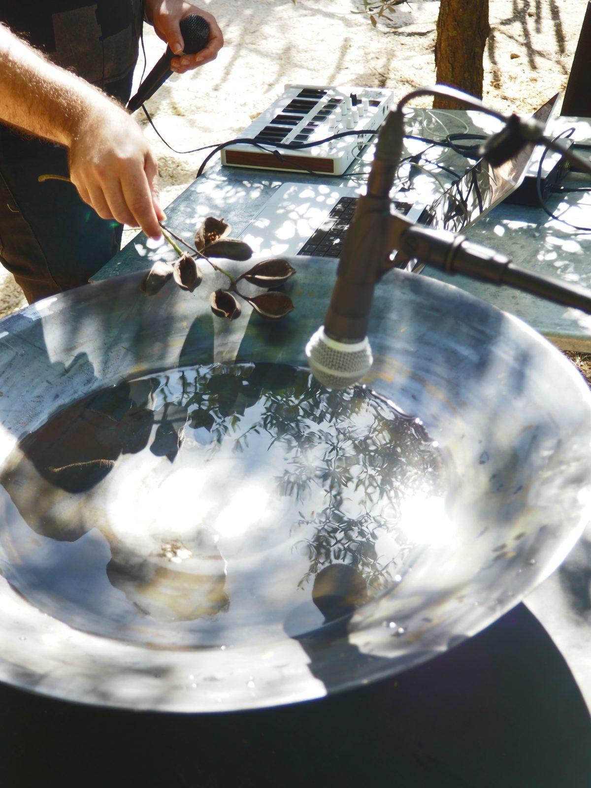 Nesta fotografia vemos um instrumento musical parecido com uma panela de mão com água, que está a ser tocada com um galho de uma árvore seco. 