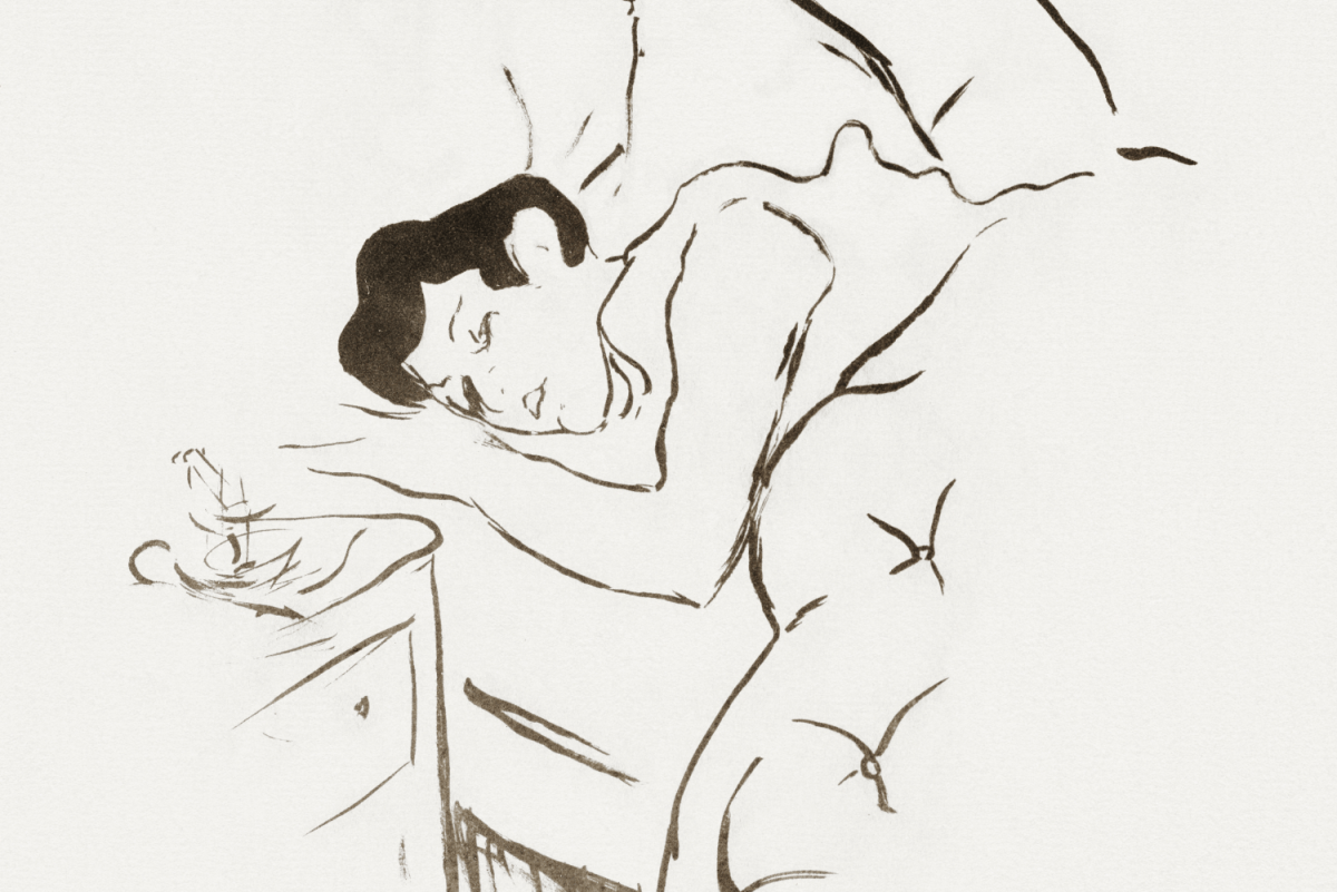 Detalhe da obra Les Vieilles histoires: Ta Bouche (1893) de Henri de Toulouse–Lautrec. No detalhe vê-se uma figura de uma mulher deitada numa cama com um ar cansado. Ao lado da cama vemos uma mesa de cabeceira onde está o que parece ser um lenço de papel ou algo semelhante com sinais de utilização.