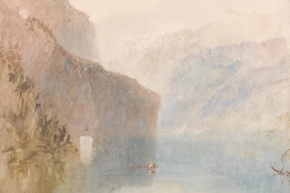 Imagem de uma pintura de J.M.W. Turner onde se vê um lago entre um vale, em tons pastel.