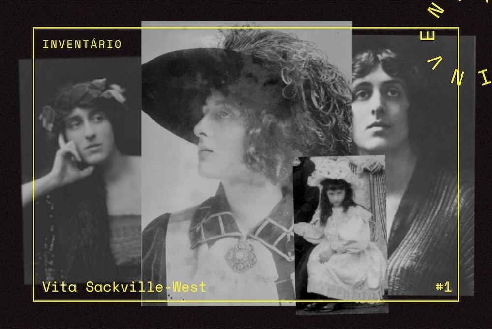 Imagem de fundo preto, com fotografias antigas de Vita Sackville-West dispostas horizontalmente e sobrepostas entre si.