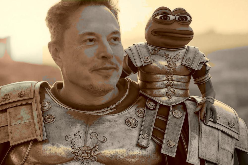 Versão de um meme em que Musk surge vestido como um guerreiro, alegadamente, romano (como César com uma armadura) e tem no seu ombro o sapo Pepe, meme que foi instrumentalizado pela Alt-Right.