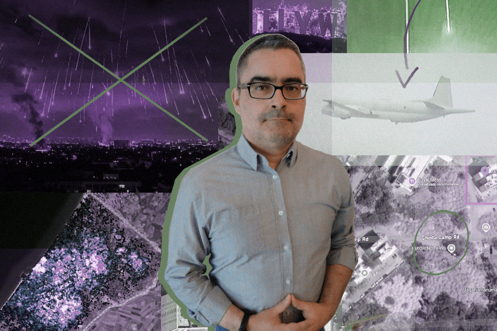 Fotomontagem onde vemos, num primeiro plano, Luís Galrão, e em fundo, uma série de imagens que foram fact-checked pelo próprio - tais como imagens geradas em IA, más localizações nos mapas, etc.