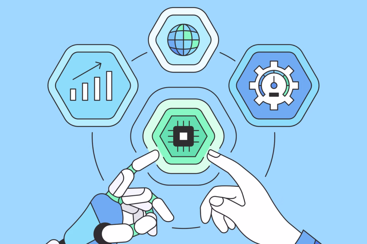 A imagem mostra uma ilustração digital com fundo azul-claro. No centro, há ícones hexagonais interligados, representando conceitos tecnológicos: um chip (no centro), um gráfico de crescimento, um globo terrestre e uma engrenagem. À esquerda, uma mão robótica estende-se para tocar o ícone central, enquanto à direita uma mão humana faz o mesmo gesto. A composição simboliza a colaboração entre humanos e inteligência artificial, automação e progresso tecnológico.