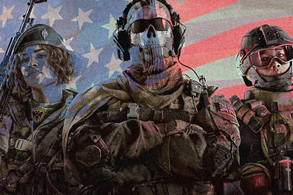 Montagem de imagem de Call of Duty com bandeira norte-americana